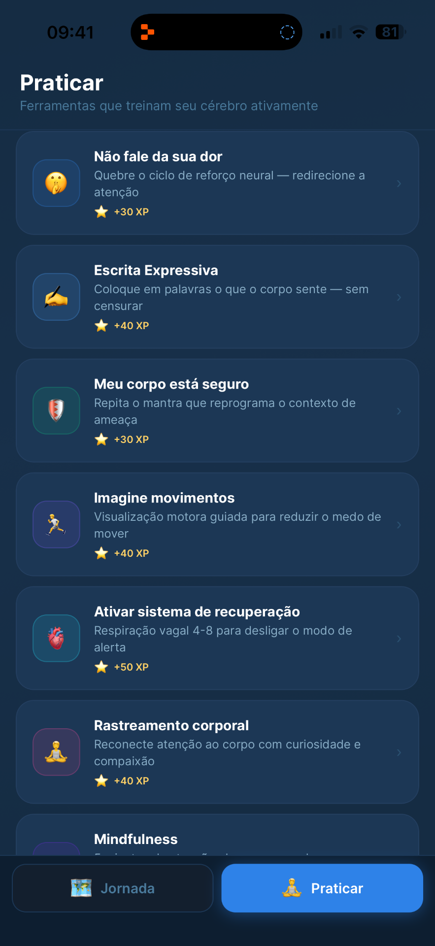 Tela Praticar do app NuvpAIn com ferramentas de neurociência
